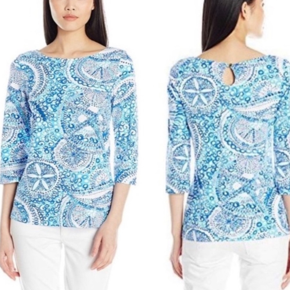 Lilly Pulitzer Etta Top Blue White Sand Dollar‎ Paisley 3/4 Sleeve Small